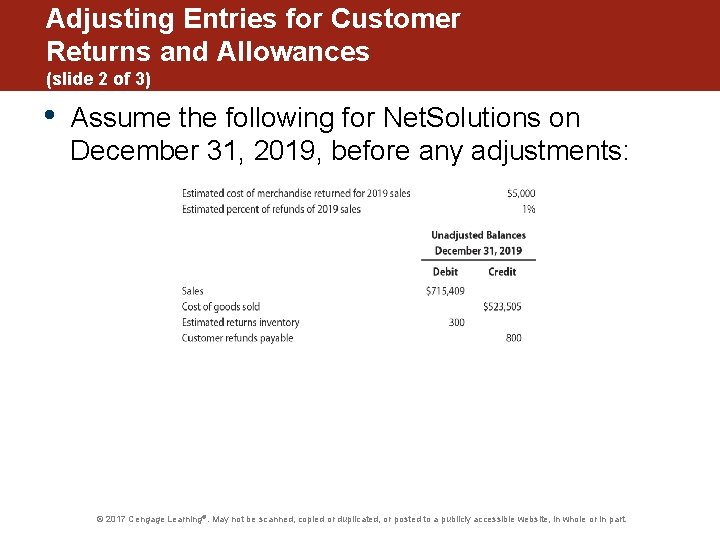 Adjusting Entries for Customer Returns and Allowances (slide 2 of 3) • Assume the