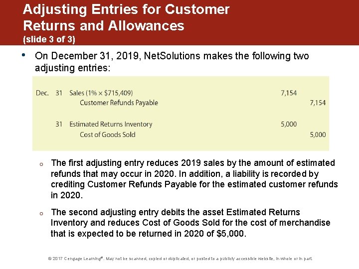 Adjusting Entries for Customer Returns and Allowances (slide 3 of 3) • On December