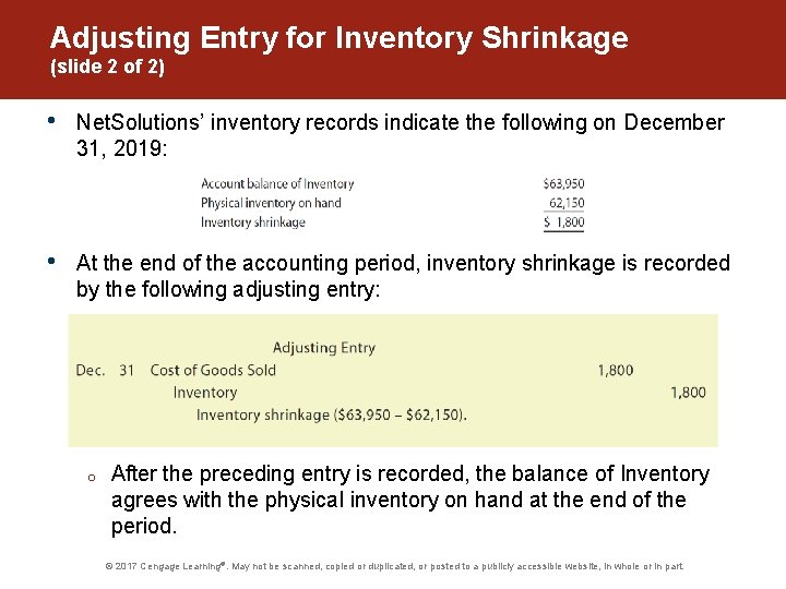 Adjusting Entry for Inventory Shrinkage (slide 2 of 2) • Net. Solutions’ inventory records