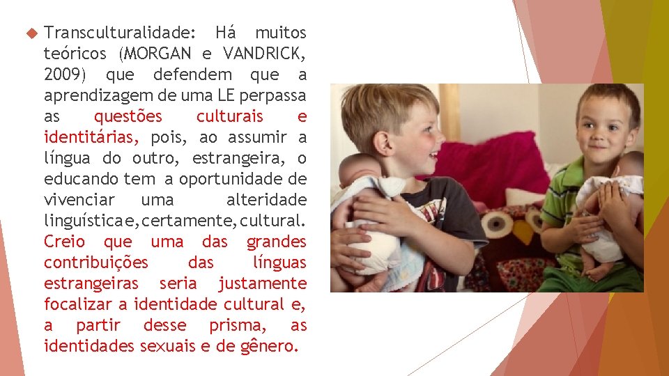  Transculturalidade: Há muitos teóricos (MORGAN e VANDRICK, 2009) que defendem que a aprendizagem