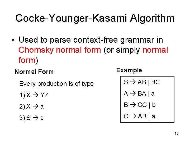 Cocke-Younger-Kasami Algorithm • Used to parse context-free grammar in Chomsky normal form (or simply