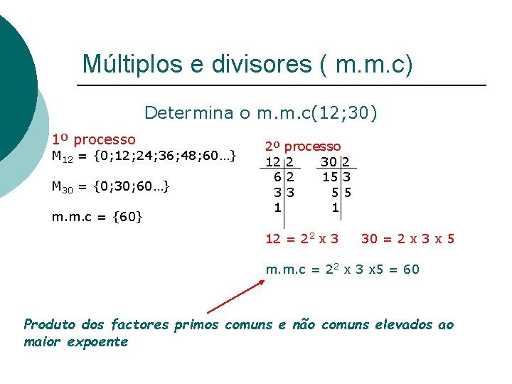Múltiplos e divisores ( m. m. c) Determina o m. m. c(12; 30) 1º