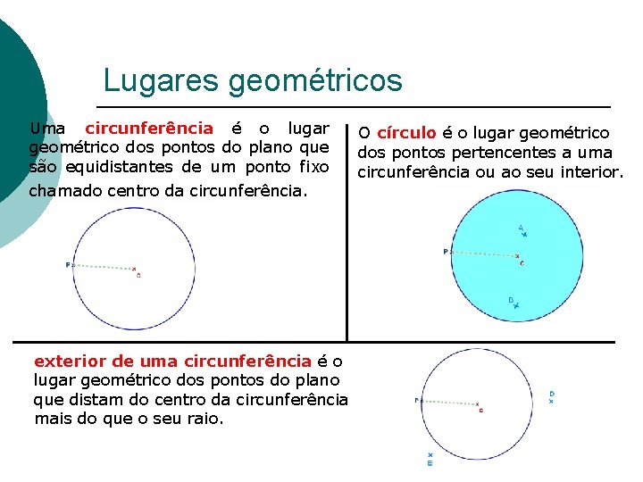 Lugares geométricos Uma circunferência é o lugar geométrico dos pontos do plano que são