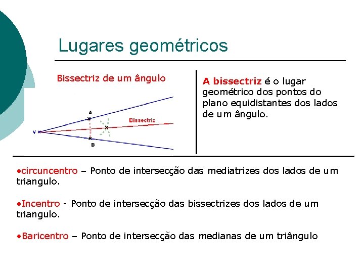 Lugares geométricos Bissectriz de um ângulo A bissectriz é o lugar geométrico dos pontos