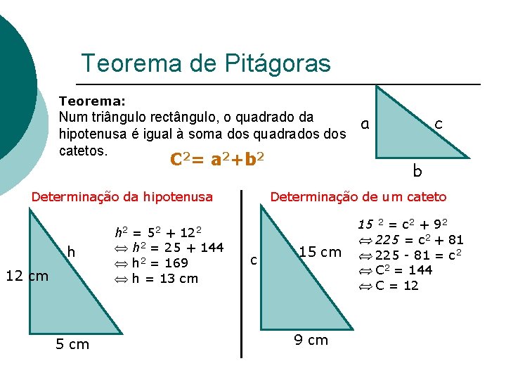 Teorema de Pitágoras Teorema: Num triângulo rectângulo, o quadrado da hipotenusa é igual à
