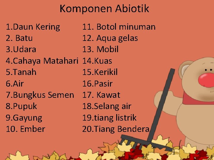 Komponen Abiotik 1. Daun Kering 2. Batu 3. Udara 4. Cahaya Matahari 5. Tanah