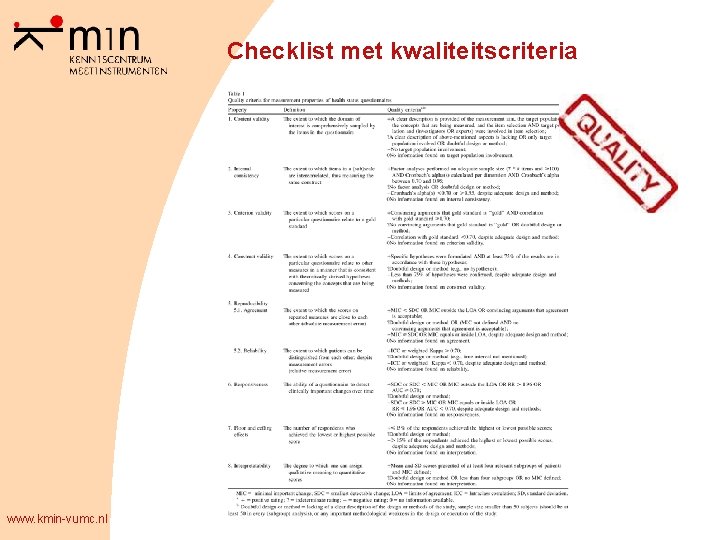 Checklist met kwaliteitscriteria www. kmin-vumc. nl 