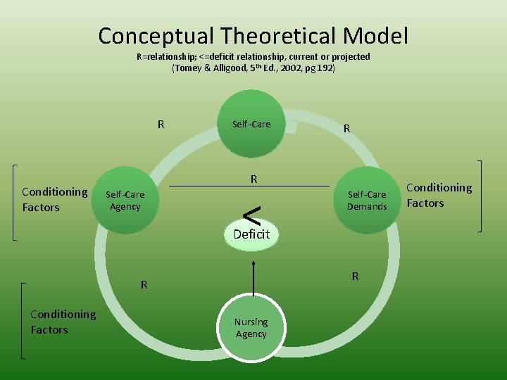 Conceptual Theoretical Model R=relationship; <=deficit relationship, current or projected (Tomey & Alligood, 5 th