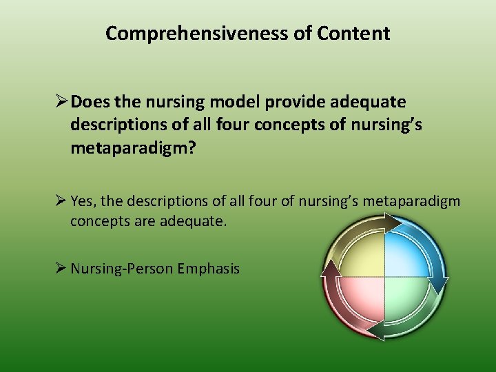 Comprehensiveness of Content ØDoes the nursing model provide adequate descriptions of all four concepts