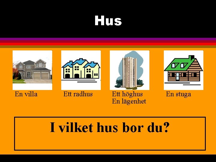 Hus En villa Ett radhus Ett höghus En lägenhet En stuga I vilket hus