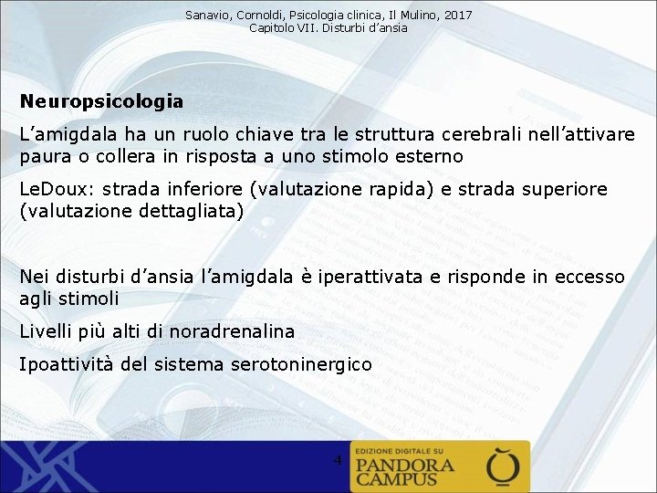 Sanavio, Cornoldi, Psicologia clinica, Il Mulino, 2017 Capitolo VII. Disturbi d’ansia Neuropsicologia L’amigdala ha