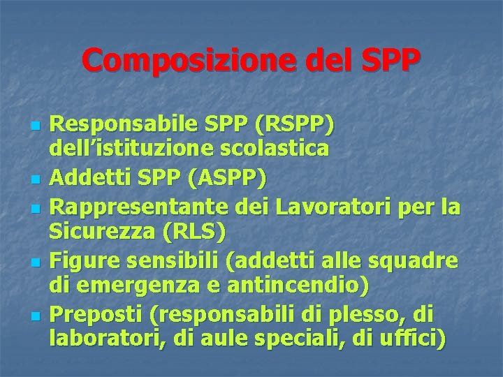 Composizione del SPP n n n Responsabile SPP (RSPP) dell’istituzione scolastica Addetti SPP (ASPP)