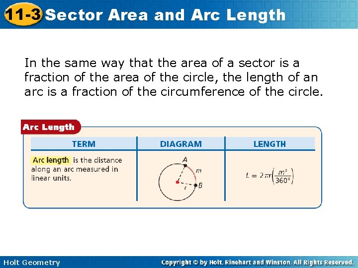 11 -3 Sector Area and Arc Length In the same way that the area