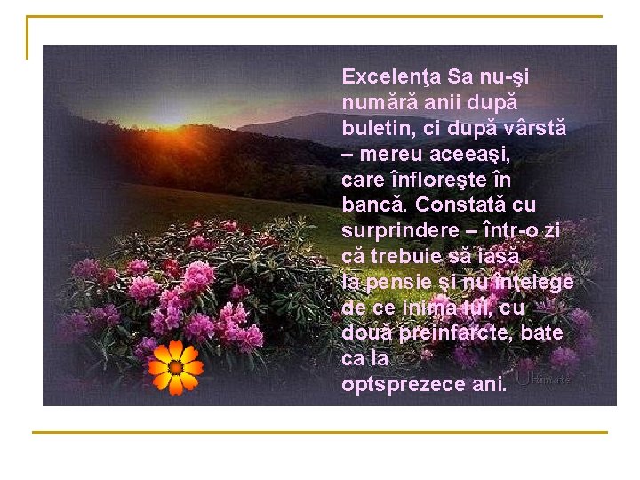Excelenţa Sa nu-şi numără anii după buletin, ci după vârstă – mereu aceeaşi, care Excelenţa Sa nu-şi numără anii după buletin, ci după vârstă – mereu aceeaşi, care