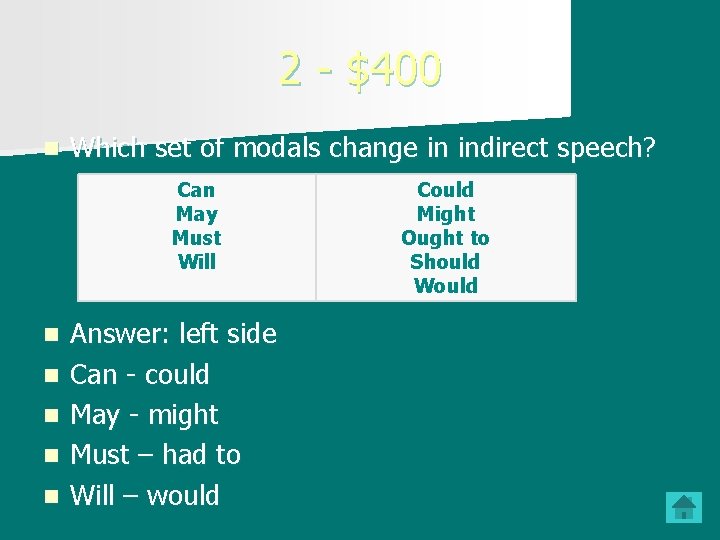 2 - $400 n Which set of modals change in indirect speech? Can May