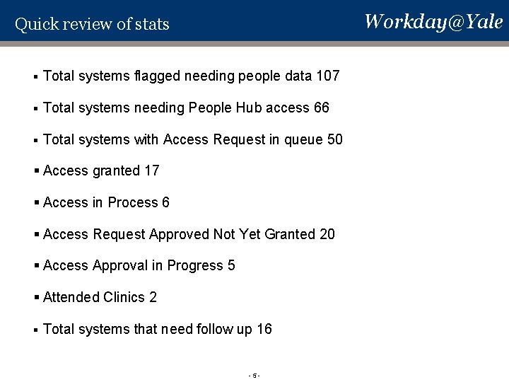 Workday@Yale Quick review of stats § Total systems flagged needing people data 107 § Workday@Yale Quick review of stats § Total systems flagged needing people data 107 §