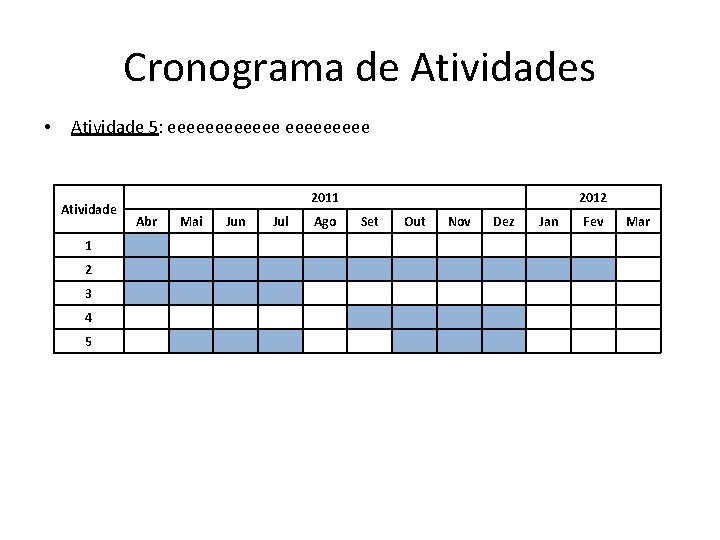 Cronograma de Atividades • Atividade 5: eeeeee Atividade 1 2 3 4 5 2011