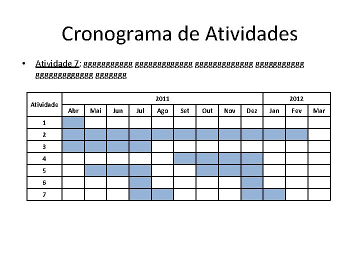 Cronograma de Atividades • Atividade 7: ggggggggggggg ggggggg Atividade 1 2 3 4 5