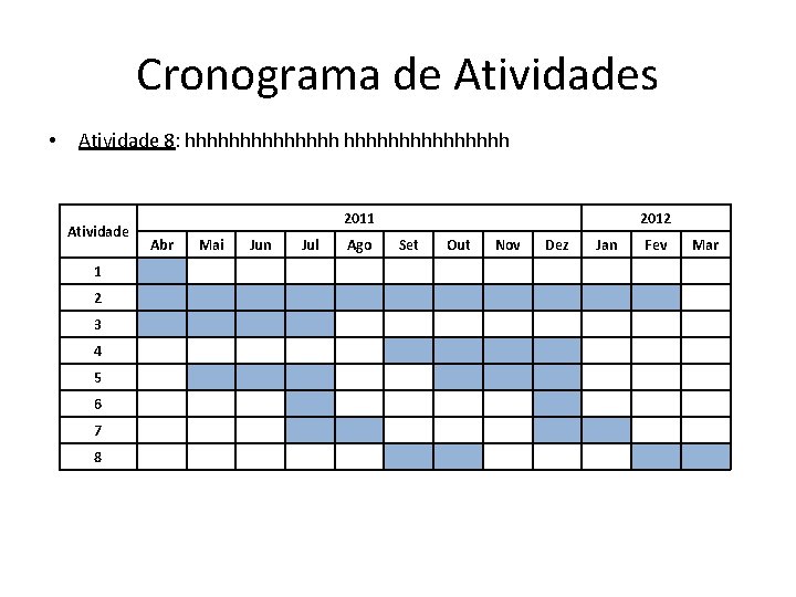 Cronograma de Atividades • Atividade 8: hhhhhhhhhhhhhhh Atividade 1 2 3 4 5 6