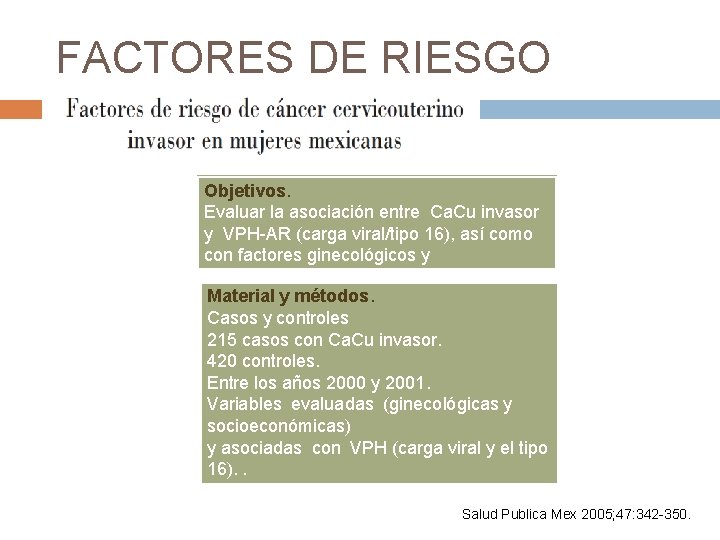 FACTORES DE RIESGO Objetivos. Evaluar la asociación entre Ca. Cu invasor y VPH-AR (carga