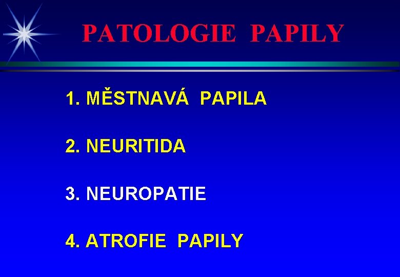 PATOLOGIE PAPILY 1. MĚSTNAVÁ PAPILA 2. NEURITIDA 3. NEUROPATIE 4. ATROFIE PAPILY 