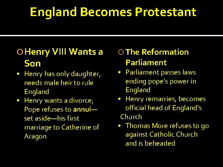 England Becomes Protestant Henry VIII Wants a The Reformation • Henry has only daughter,