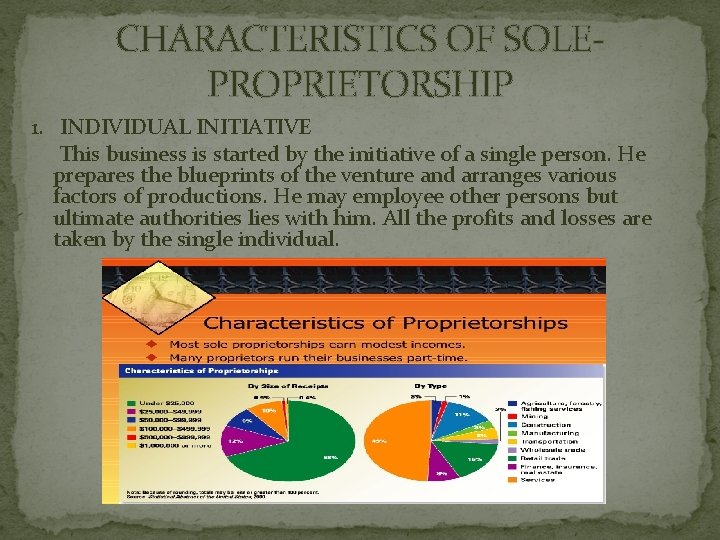 CHARACTERISTICS OF SOLEPROPRIETORSHIP 1. INDIVIDUAL INITIATIVE This business is started by the initiative of