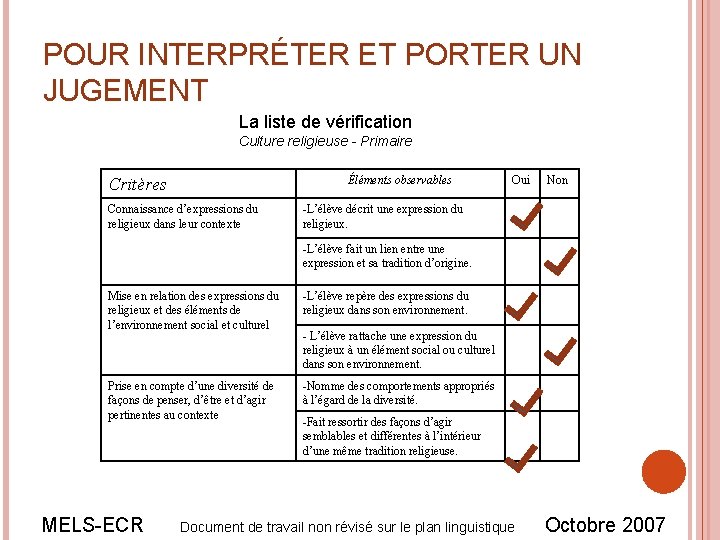 POUR INTERPRÉTER ET PORTER UN JUGEMENT La liste de vérification Culture religieuse - Primaire