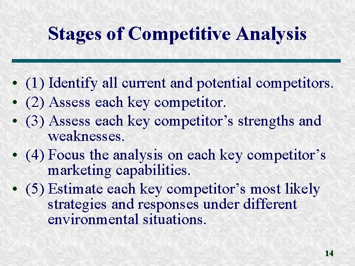 Stages of Competitive Analysis • (1) Identify all current and potential competitors. • (2)