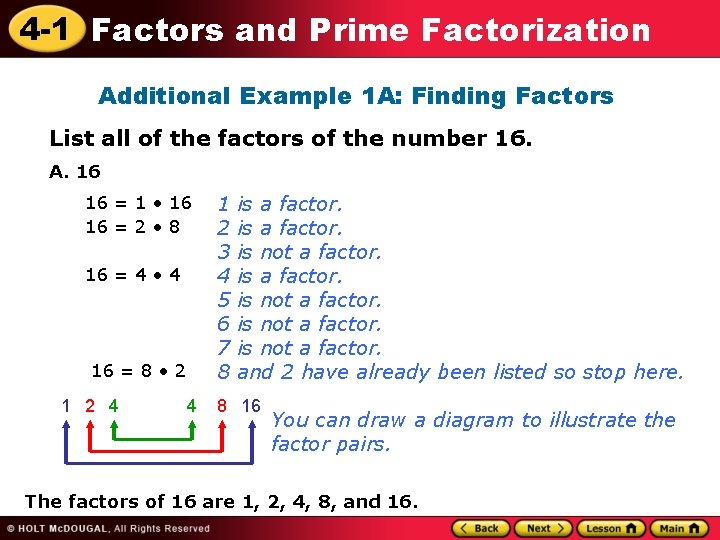 4 -1 Factors and Prime Factorization Additional Example 1 A: Finding Factors List all