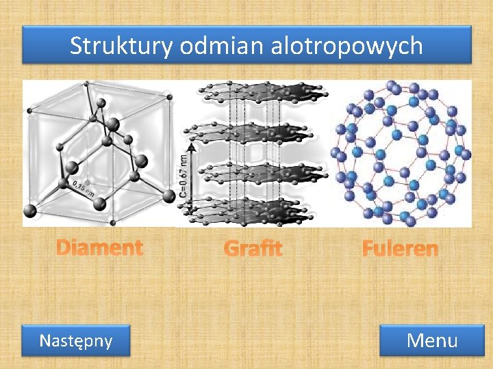 Struktury odmian alotropowych Diament Następny Grafit Fuleren Menu 