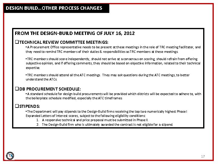DESIGN BUILD…OTHER PROCESS CHANGES FROM THE DESIGN-BUILD MEETING OF JULY 16, 2012 q. TECHNICAL