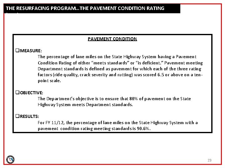 THE RESURFACING PROGRAM…THE PAVEMENT CONDITION RATING (PCR) PAVEMENT CONDITION q. MEASURE: The percentage of