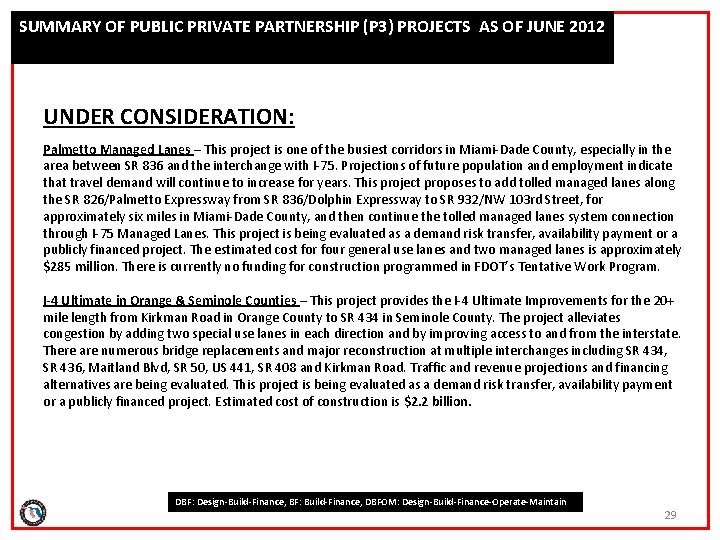 SUMMARY OF PUBLIC PRIVATE PARTNERSHIP (P 3) PROJECTS AS OF JUNE 2012 UNDER CONSIDERATION:
