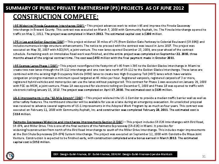 SUMMARY OF PUBLIC PRIVATE PARTNERSHIP (P 3) PROJECTS AS OF JUNE 2012 CONSTRUCTION COMPLETE: