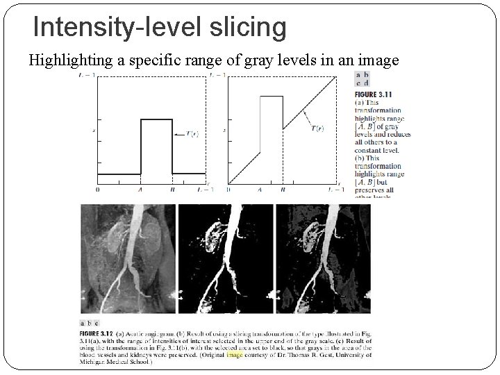 Intensity-level slicing Highlighting a specific range of gray levels in an image 