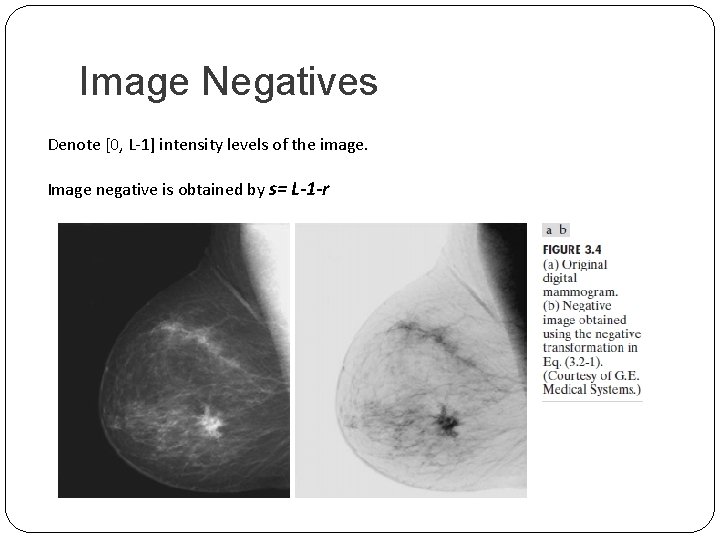 Image Negatives Denote [0, L-1] intensity levels of the image. Image negative is obtained