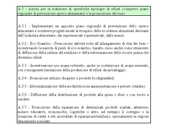 A. 3 - Azioni per la riduzione di specifiche tipologie di rifiuti (compreso piano A. 3 - Azioni per la riduzione di specifiche tipologie di rifiuti (compreso piano