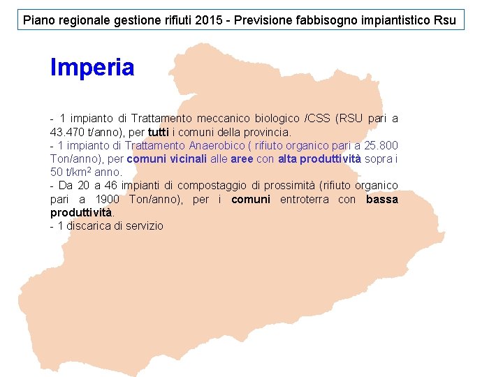 Piano regionale gestione rifiuti 2015 - Previsione fabbisogno impiantistico Rsu Imperia - 1 impianto Piano regionale gestione rifiuti 2015 - Previsione fabbisogno impiantistico Rsu Imperia - 1 impianto