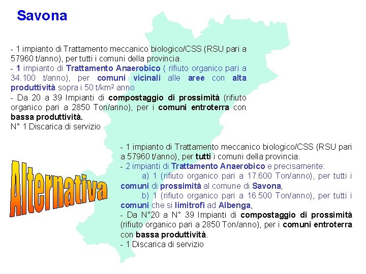 Savona - 1 impianto di Trattamento meccanico biologico/CSS (RSU pari a 57960 t/anno), per Savona - 1 impianto di Trattamento meccanico biologico/CSS (RSU pari a 57960 t/anno), per