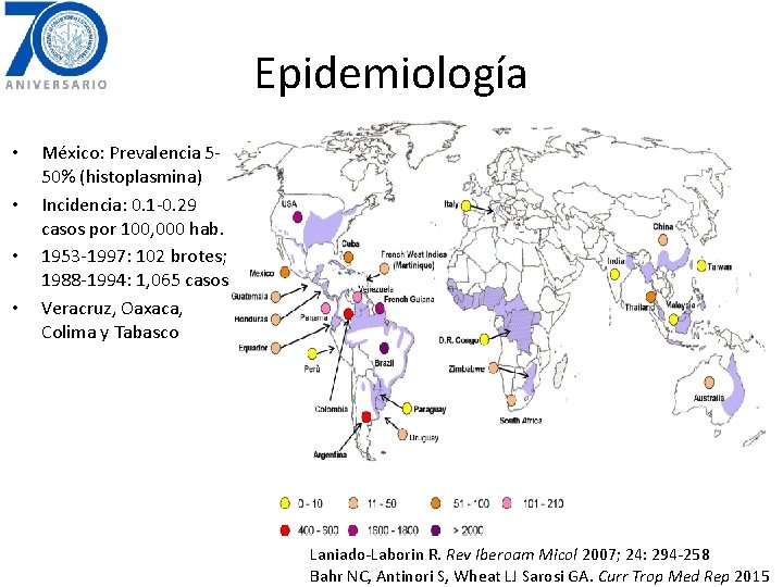Epidemiología • • México: Prevalencia 550% (histoplasmina) Incidencia: 0. 1 -0. 29 casos por