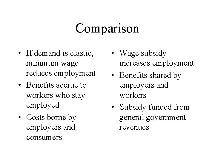 Comparison • If demand is elastic, minimum wage reduces employment • Benefits accrue to