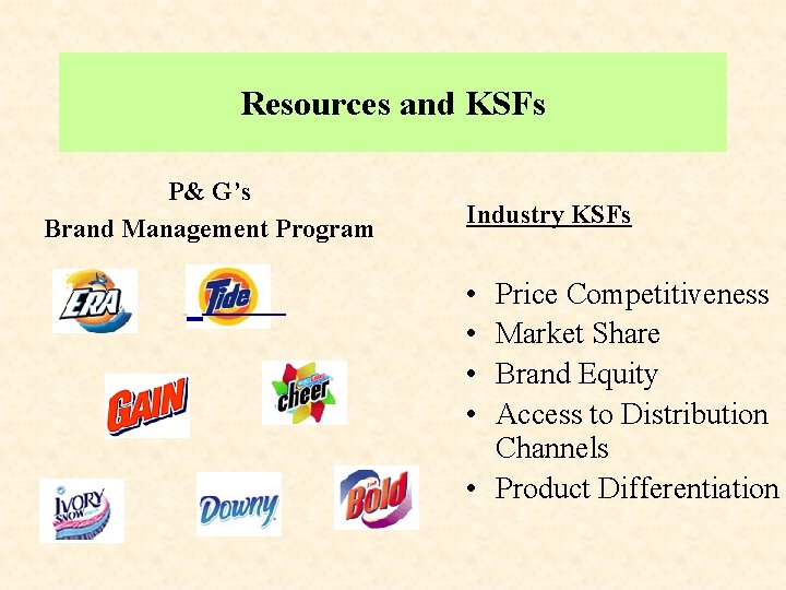 Resources and KSFs P& G’s Brand Management Program Industry KSFs • • Price Competitiveness