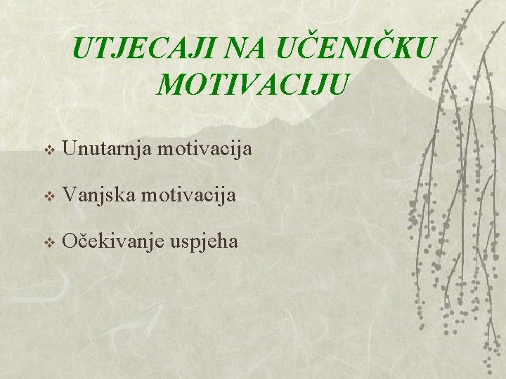 UTJECAJI NA UČENIČKU MOTIVACIJU v Unutarnja motivacija v Vanjska motivacija v Očekivanje uspjeha UTJECAJI NA UČENIČKU MOTIVACIJU v Unutarnja motivacija v Vanjska motivacija v Očekivanje uspjeha