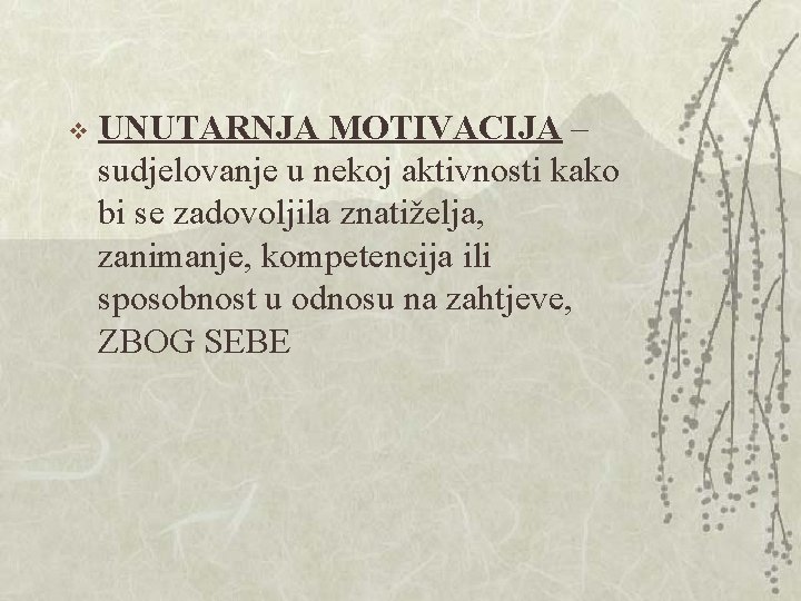 v UNUTARNJA MOTIVACIJA – sudjelovanje u nekoj aktivnosti kako bi se zadovoljila znatiželja, zanimanje, v UNUTARNJA MOTIVACIJA – sudjelovanje u nekoj aktivnosti kako bi se zadovoljila znatiželja, zanimanje,