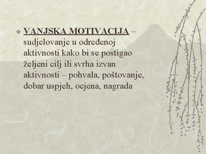 v VANJSKA MOTIVACIJA – sudjelovanje u određenoj aktivnosti kako bi se postigao željeni cilj v VANJSKA MOTIVACIJA – sudjelovanje u određenoj aktivnosti kako bi se postigao željeni cilj