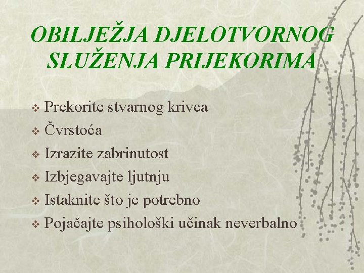 OBILJEŽJA DJELOTVORNOG SLUŽENJA PRIJEKORIMA Prekorite stvarnog krivca v Čvrstoća v Izrazite zabrinutost v Izbjegavajte OBILJEŽJA DJELOTVORNOG SLUŽENJA PRIJEKORIMA Prekorite stvarnog krivca v Čvrstoća v Izrazite zabrinutost v Izbjegavajte