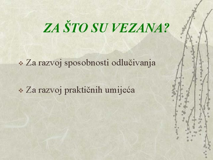 ZA ŠTO SU VEZANA? v Za razvoj sposobnosti odlučivanja v Za razvoj praktičnih umijeća ZA ŠTO SU VEZANA? v Za razvoj sposobnosti odlučivanja v Za razvoj praktičnih umijeća