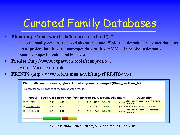 Curated Family Databases • Pfam (http: //pfam. wustl. edu/hmmsearch. shtml/) ** – Uses manually Curated Family Databases • Pfam (http: //pfam. wustl. edu/hmmsearch. shtml/) ** – Uses manually