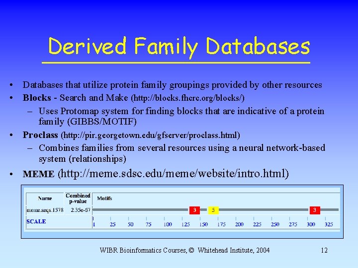 Derived Family Databases • Databases that utilize protein family groupings provided by other resources Derived Family Databases • Databases that utilize protein family groupings provided by other resources